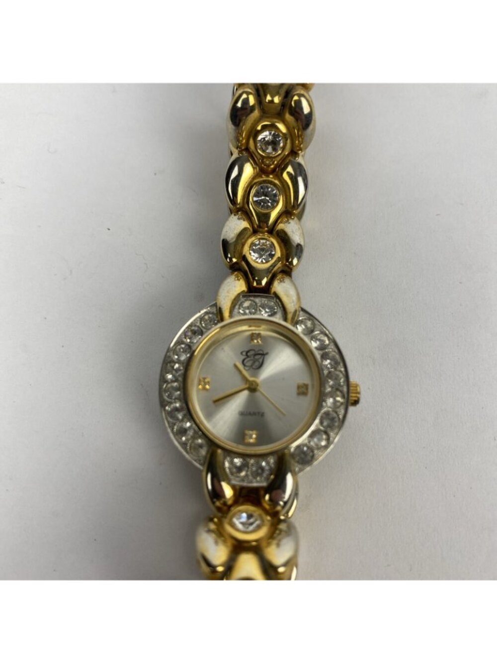 LADIES EJ QUARTZ FAUX DIAMOND STAINLESS STEEL BACK WATCH. JAPAN MOVT. Untested - Picture 2 of 4